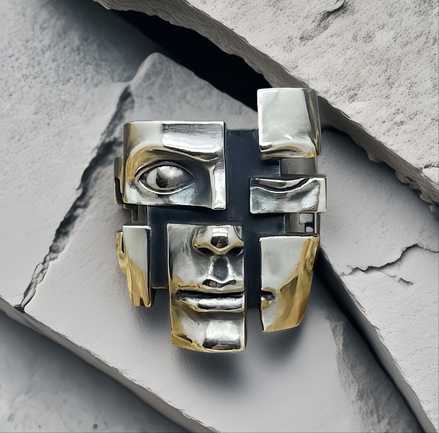 Split-Persona Mask Silver Ring (Item No. SR101)