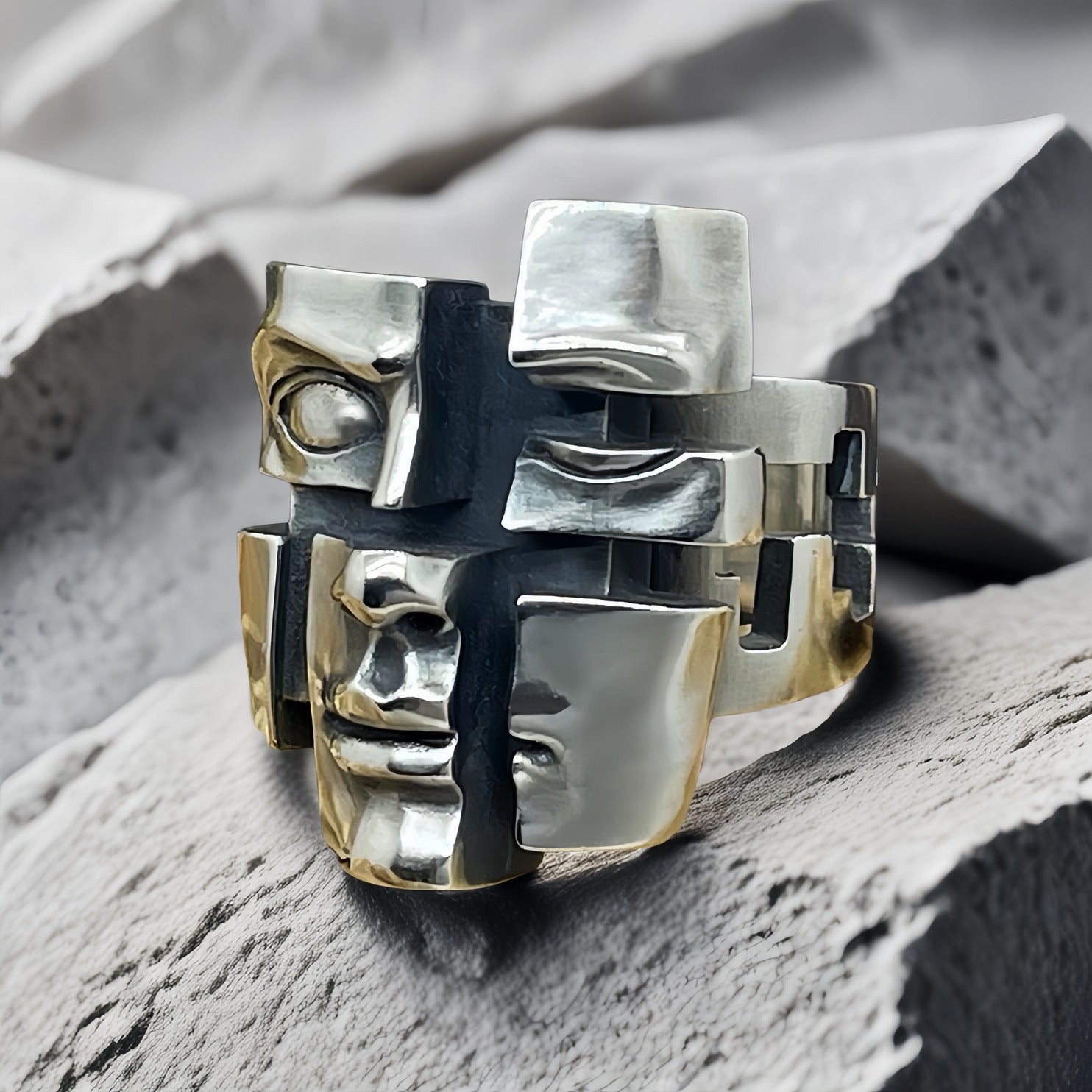 Split-Persona Mask Silver Ring (Item No. SR101)