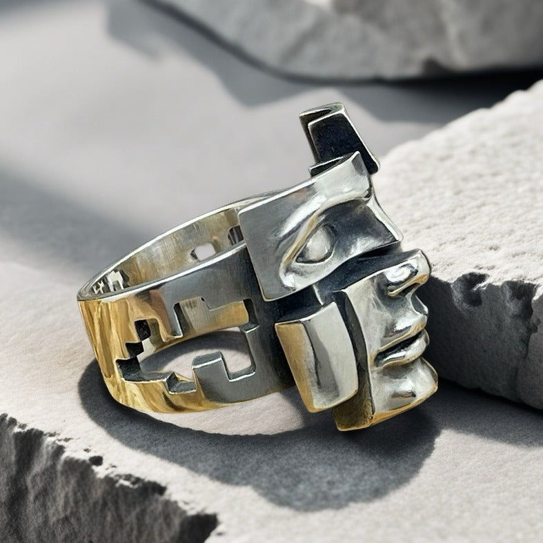 Split-Persona Mask Silver Ring (Item No. SR101)