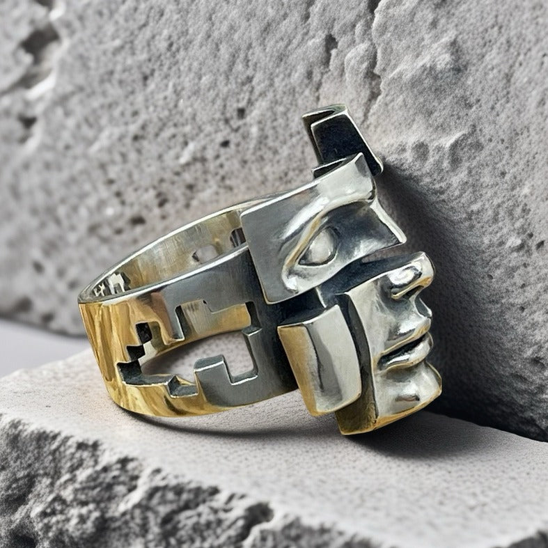 Split-Persona Mask Silver Ring (Item No. SR101)
